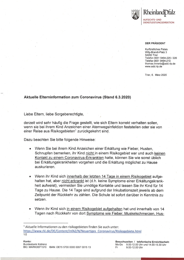 Elterninformationen Coronavirus