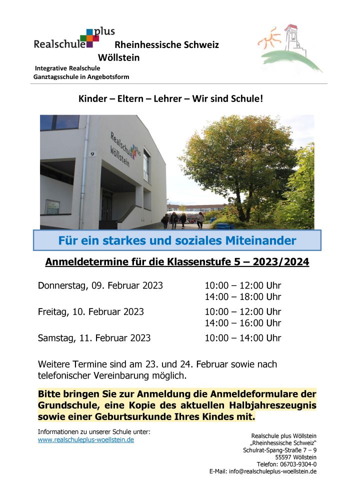 Anmeldetermine für das Schuljahr 2023-24